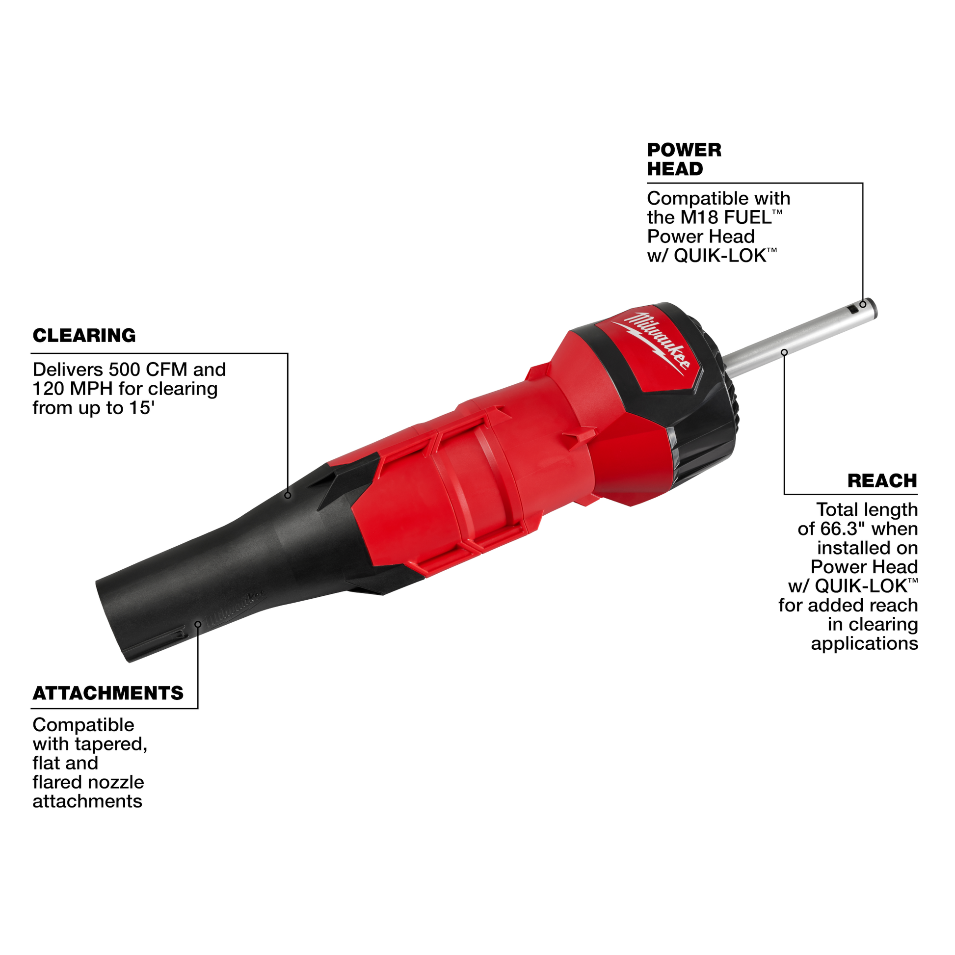 Red and black Milwaukee M18 blower attachment with QUIK-LOK technology for power tools in home improvement collections