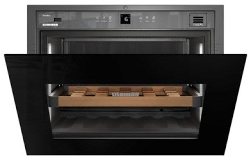 Built-in wine storage cabinet with black glass door, wooden racks, and digital controls in kitchen appliance collection