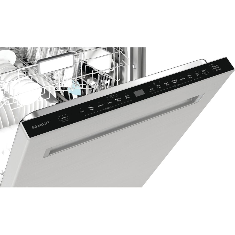 Open stainless steel dishwasher with top control panel showing smart cycle options in kitchen appliance setting