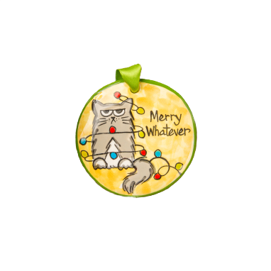 Hand-painted ceramic ornament featuring a grumpy cat tangled in colorful holiday lights with Merry Whatever text