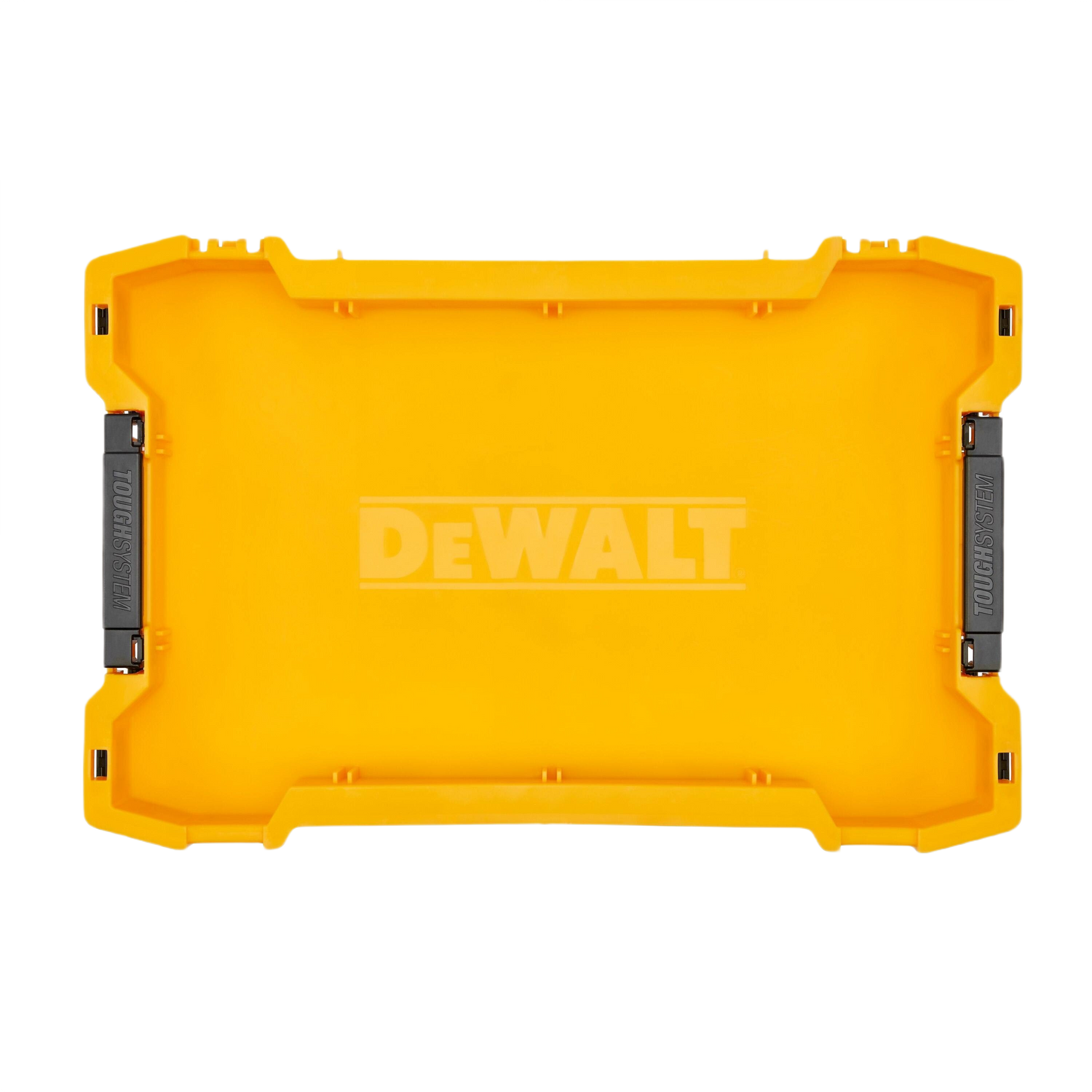 Yellow shallow storage tray with black side handles for toolboxes and workshop organization projects