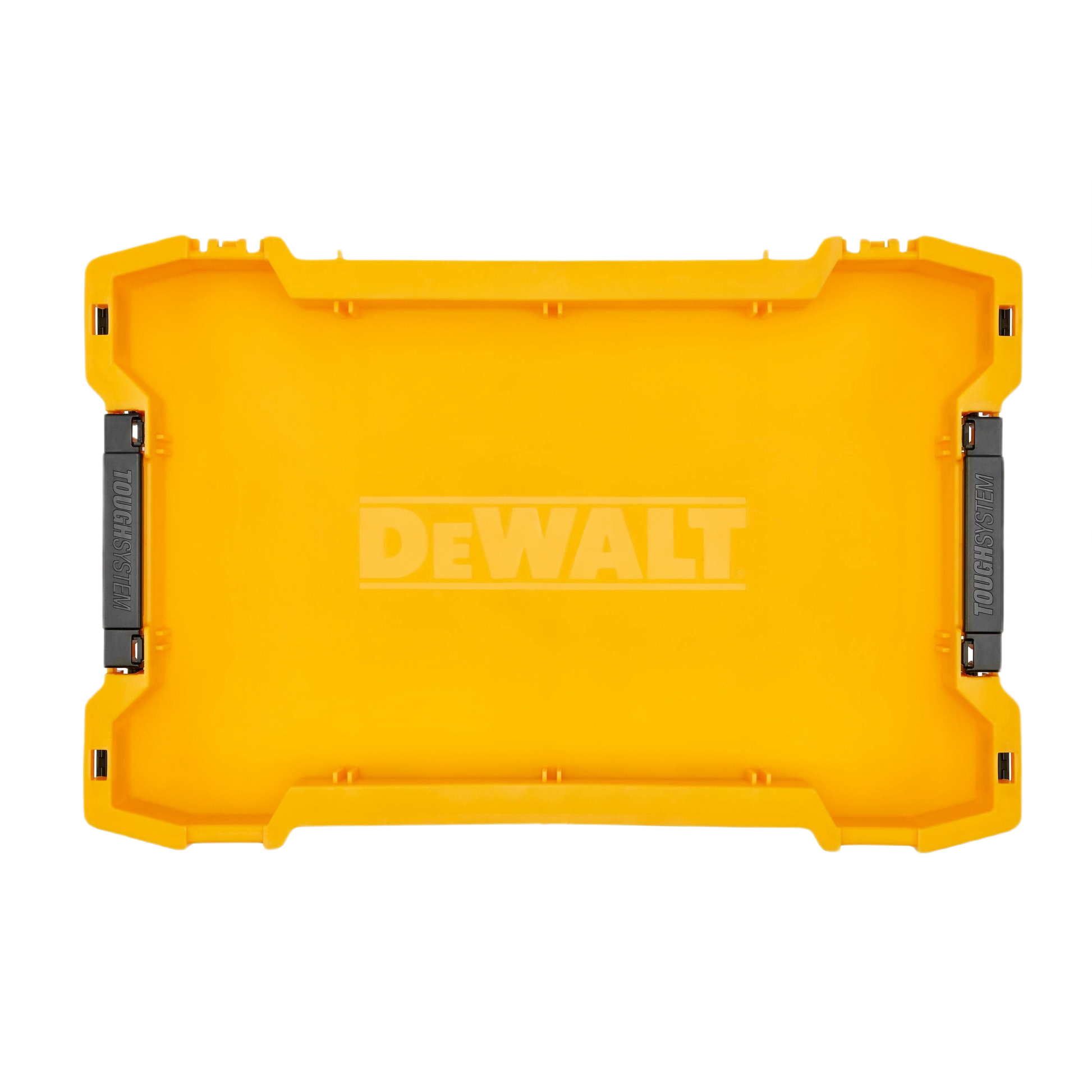 Yellow shallow storage tray with black side handles for toolboxes and workshop organization projects