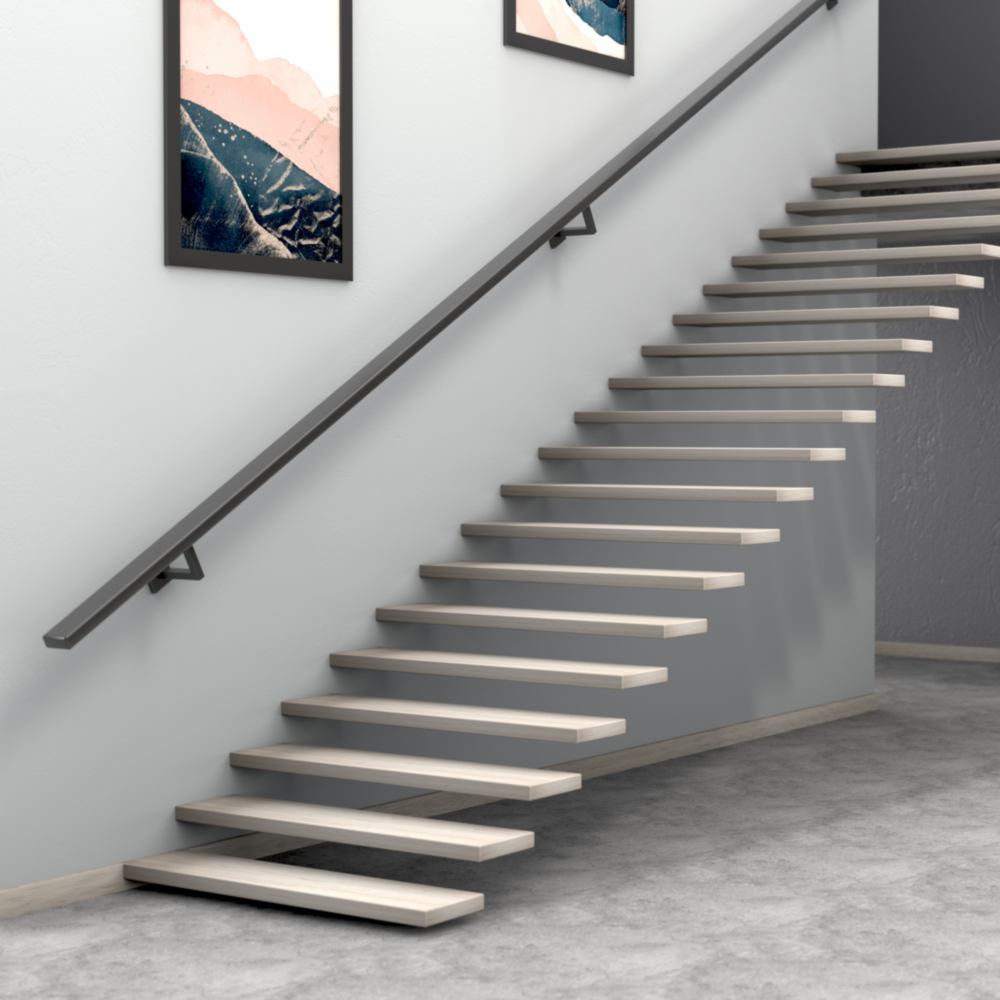 Minimalist staircase with floating light wood steps and matte black handrail bracket in modern home interior design