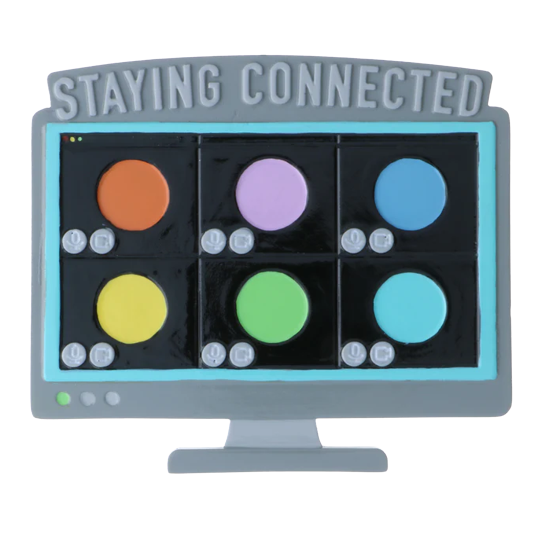 Christmas ornament shaped like computer screen showing colorful video call windows with staying connected message under $50 decoration