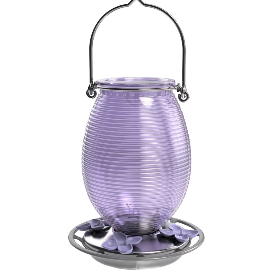 Purple ribbed glass hummingbird feeder with antique-style metal handle and floral feeding ports for outdoor use