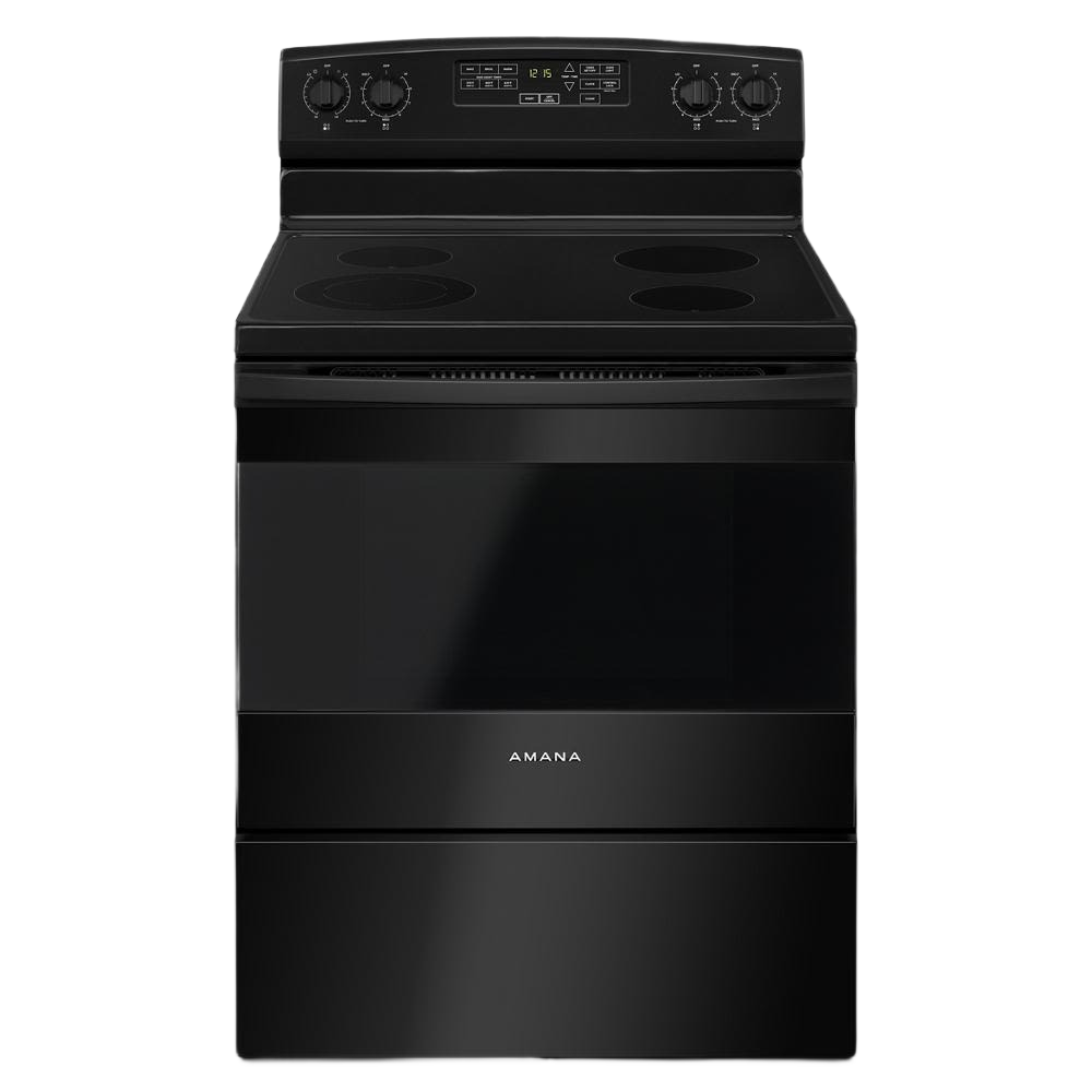 Black 30-inch electric range with extra-large oven window and four cooktop burners for ranges and kitchen appliances collections