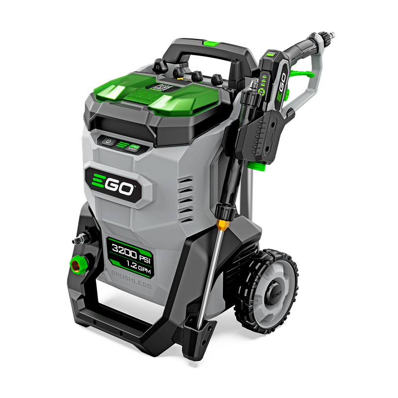 Compact gray and green pressure washer with wheels and spray wand for outdoor cleaning and home improvement tasks