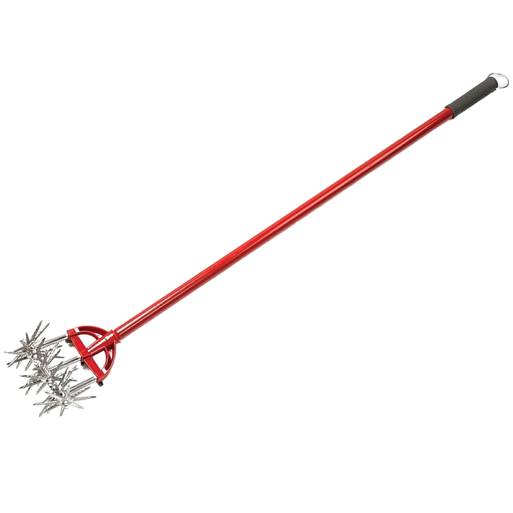 Steel cultivator and tiller with red handle and ergonomic grip for gardening and outdoor hand tools in lawn care.
