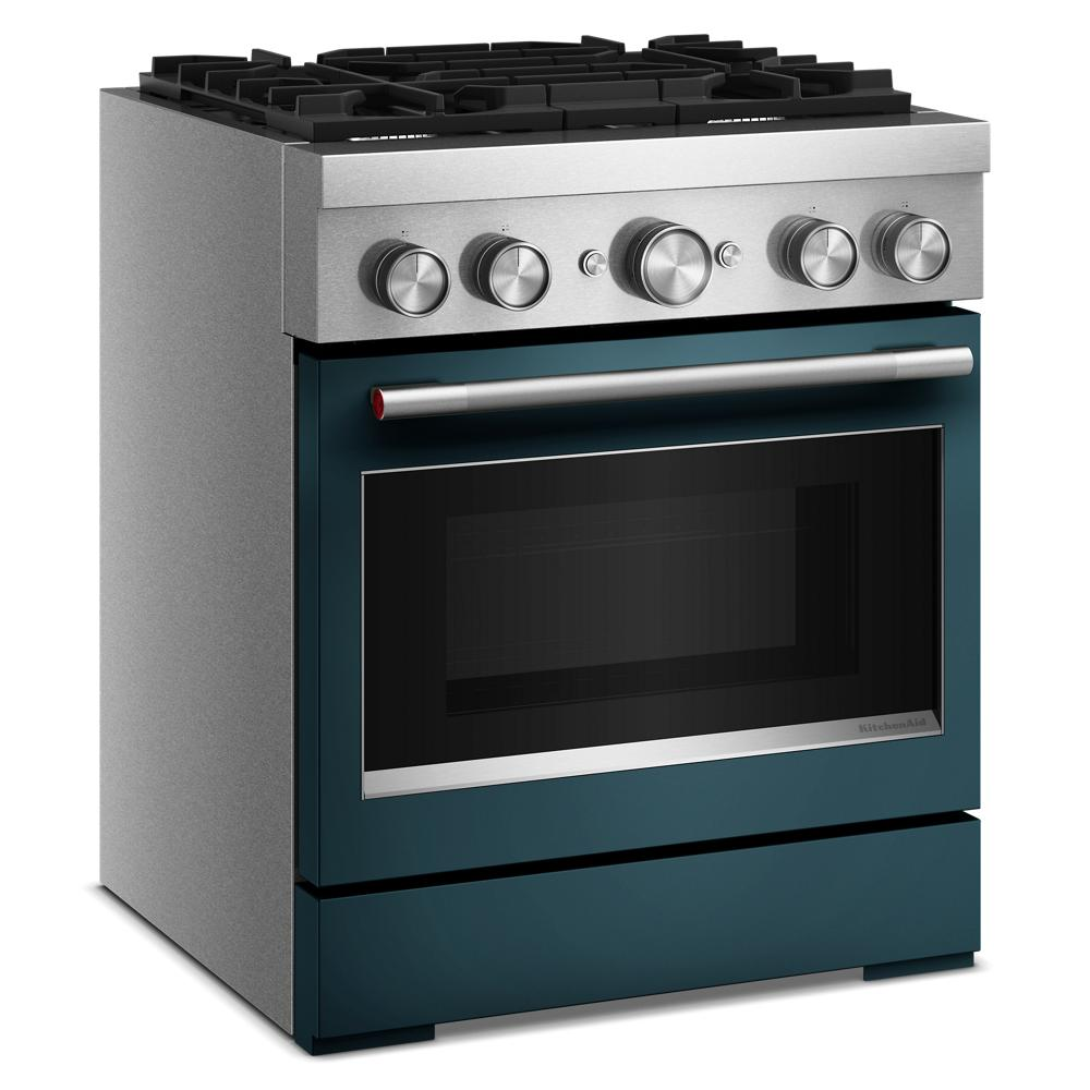 Commercial-style 30-inch dual fuel range with four burners and teal oven door in KitchenAid Ranges collection