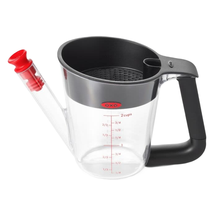 Clear 2 cup fat separator with red lid and black handle for kitchen gadgets and cookware collections