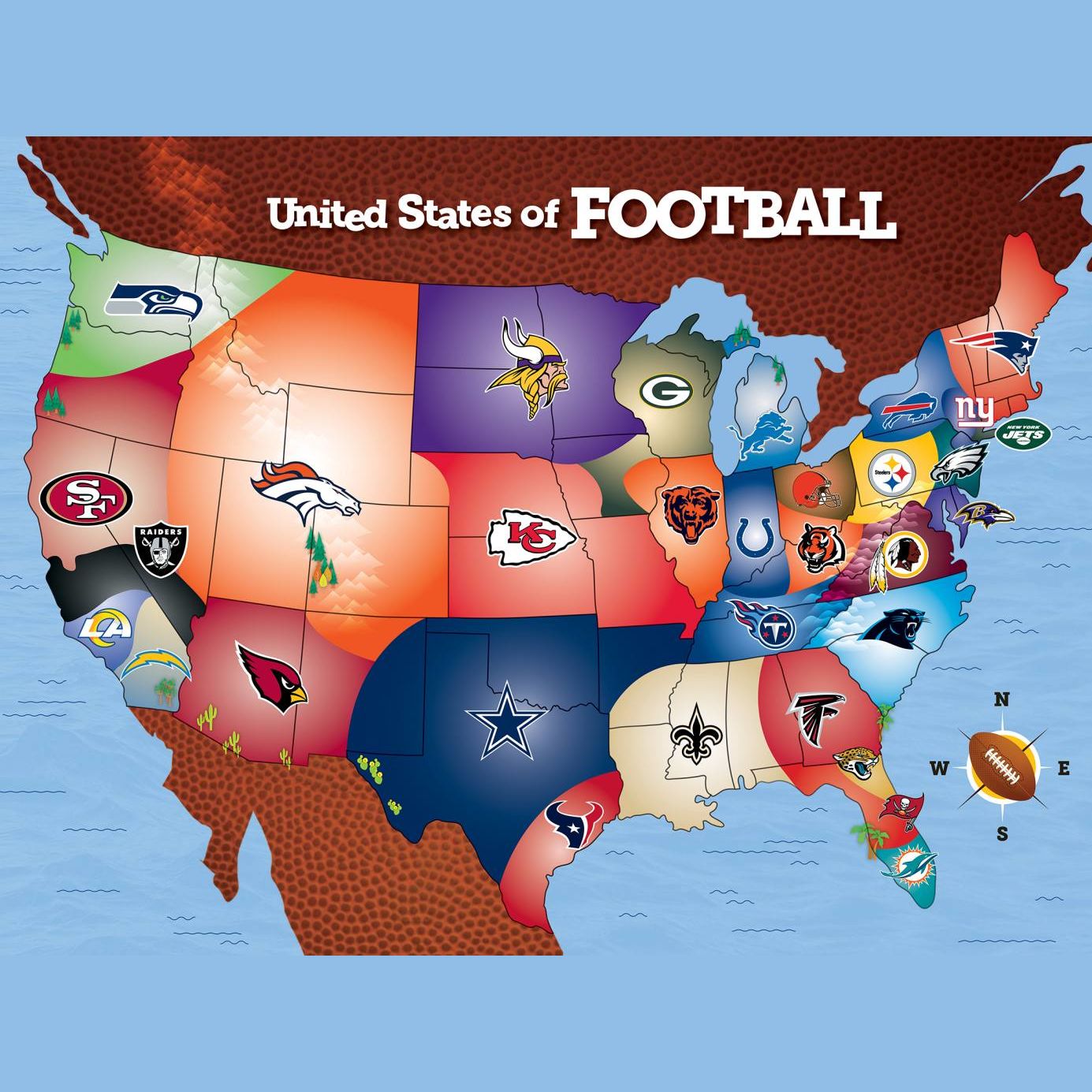 Illustrated map of the United States with NFL team logos representing each state in a football-themed design.