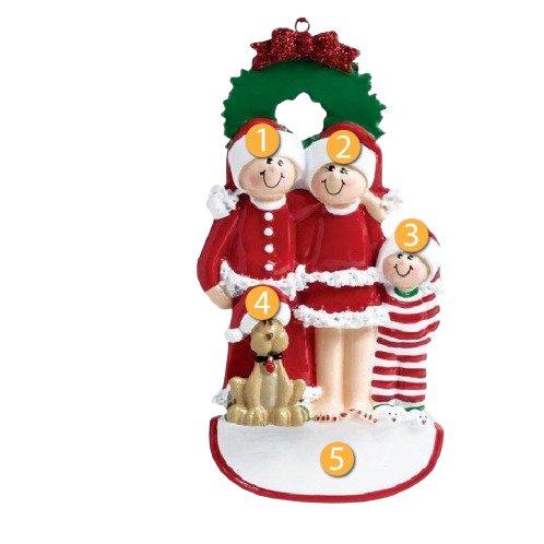 Festive family of three and dog figurines in holiday attire with wreath and red bow from Christmas Ornaments collection