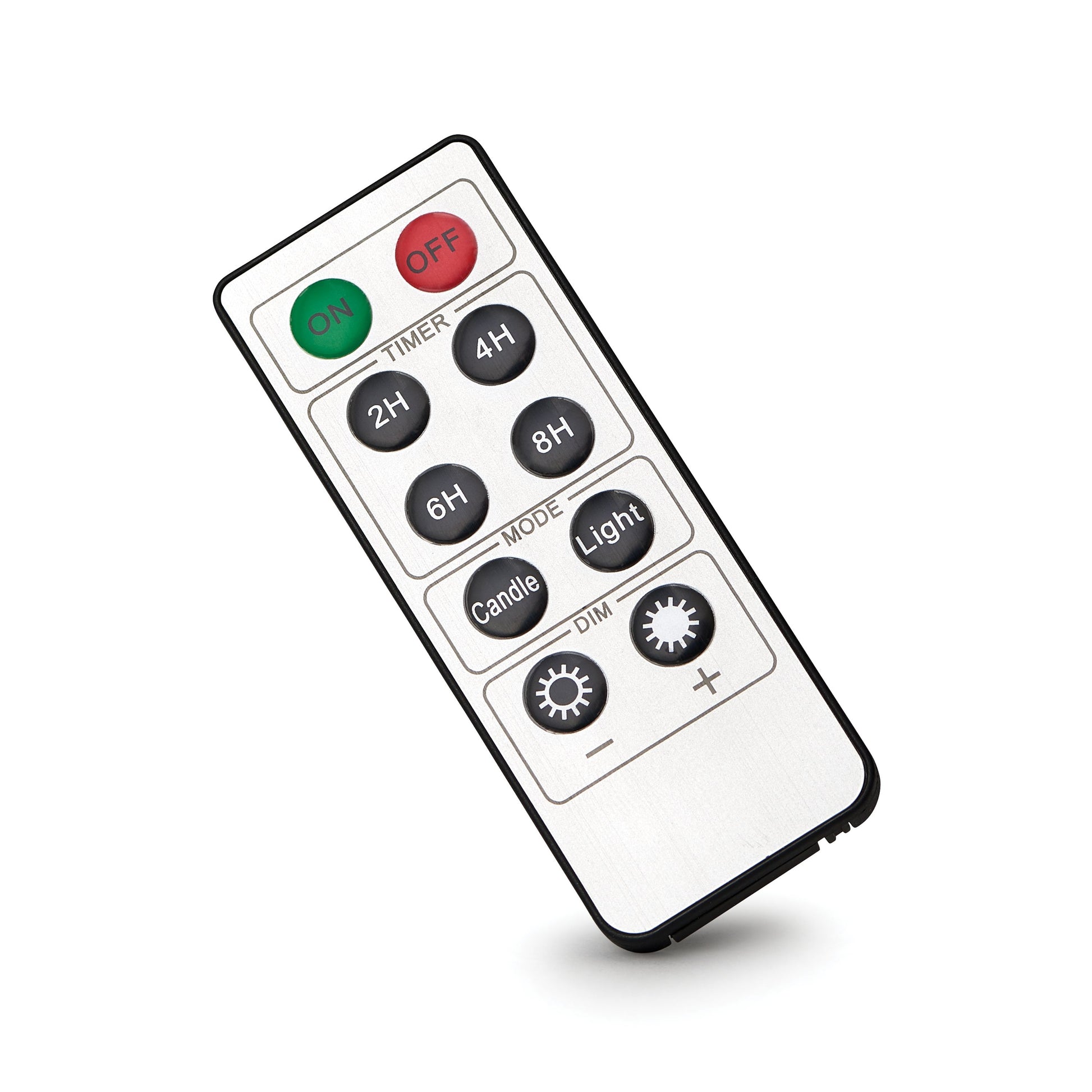 Compact remote control with on/off, timer, mode, and dimming buttons for LED candles in home decor collections under $50