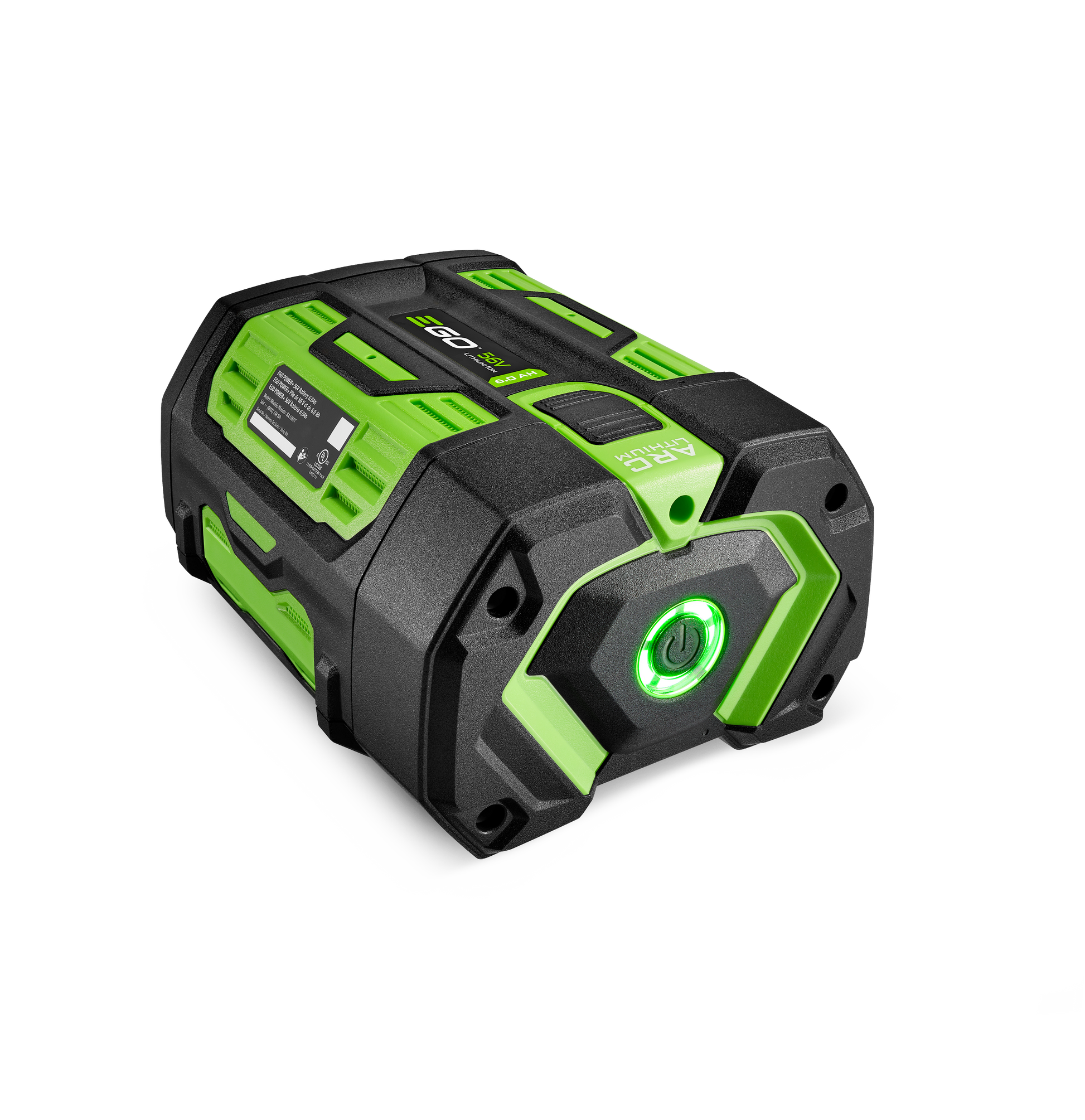 Compact black and green rechargeable battery with illuminated power button for tools and home improvement tasks