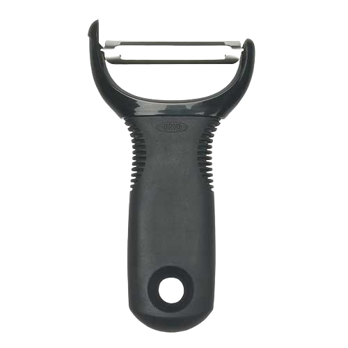 Ergonomic black Y-shaped peeler with sharp stainless steel blade for efficient kitchen gadget use under $50 category.