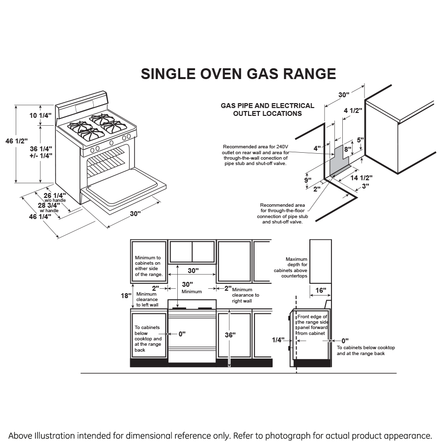 Technical line drawing of a free-standing gas range with detailed installation dimensions for kitchen improvement projects