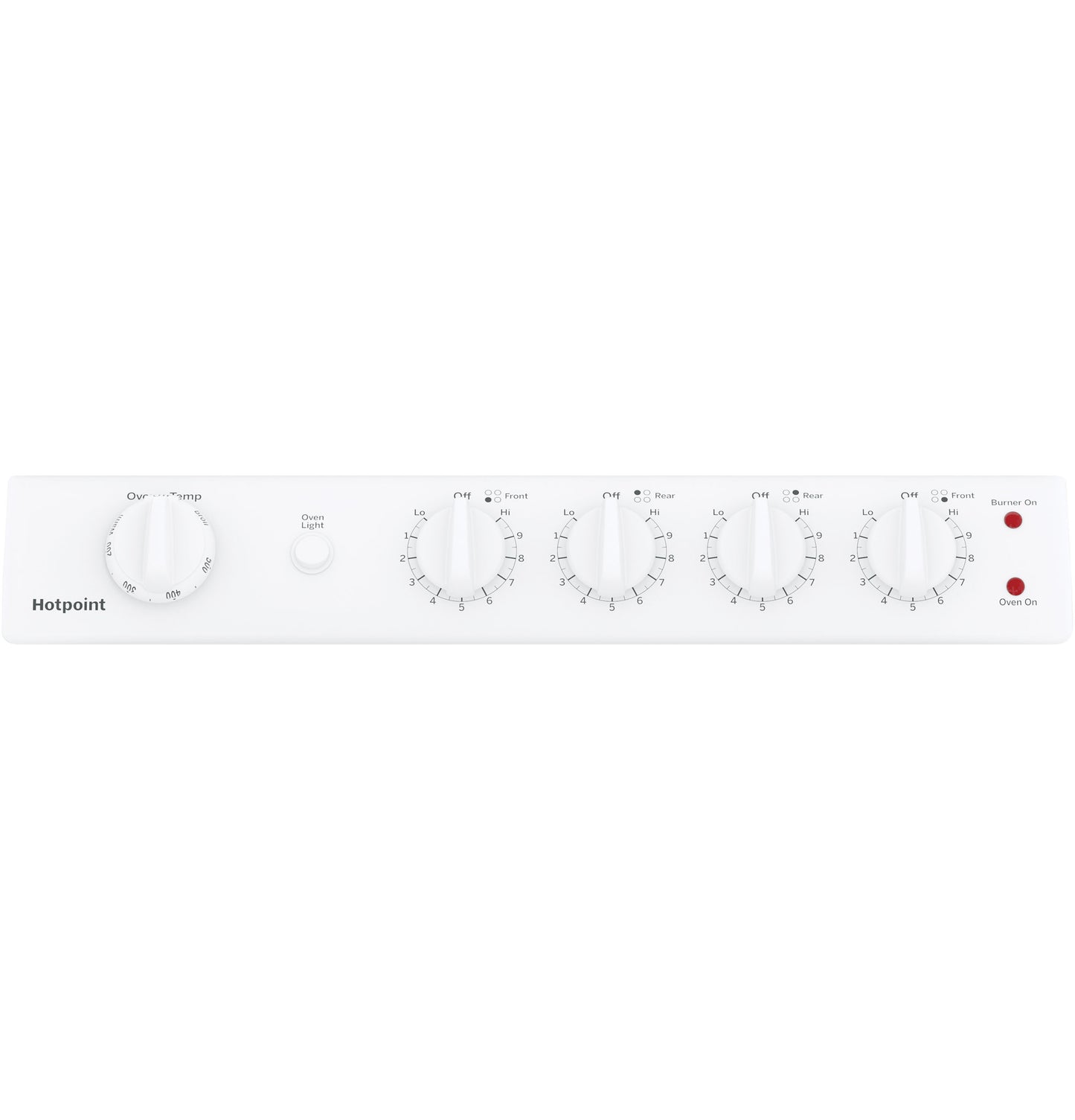White control panel with six knobs and indicator lights for Hotpoint electric range in kitchen appliances collection