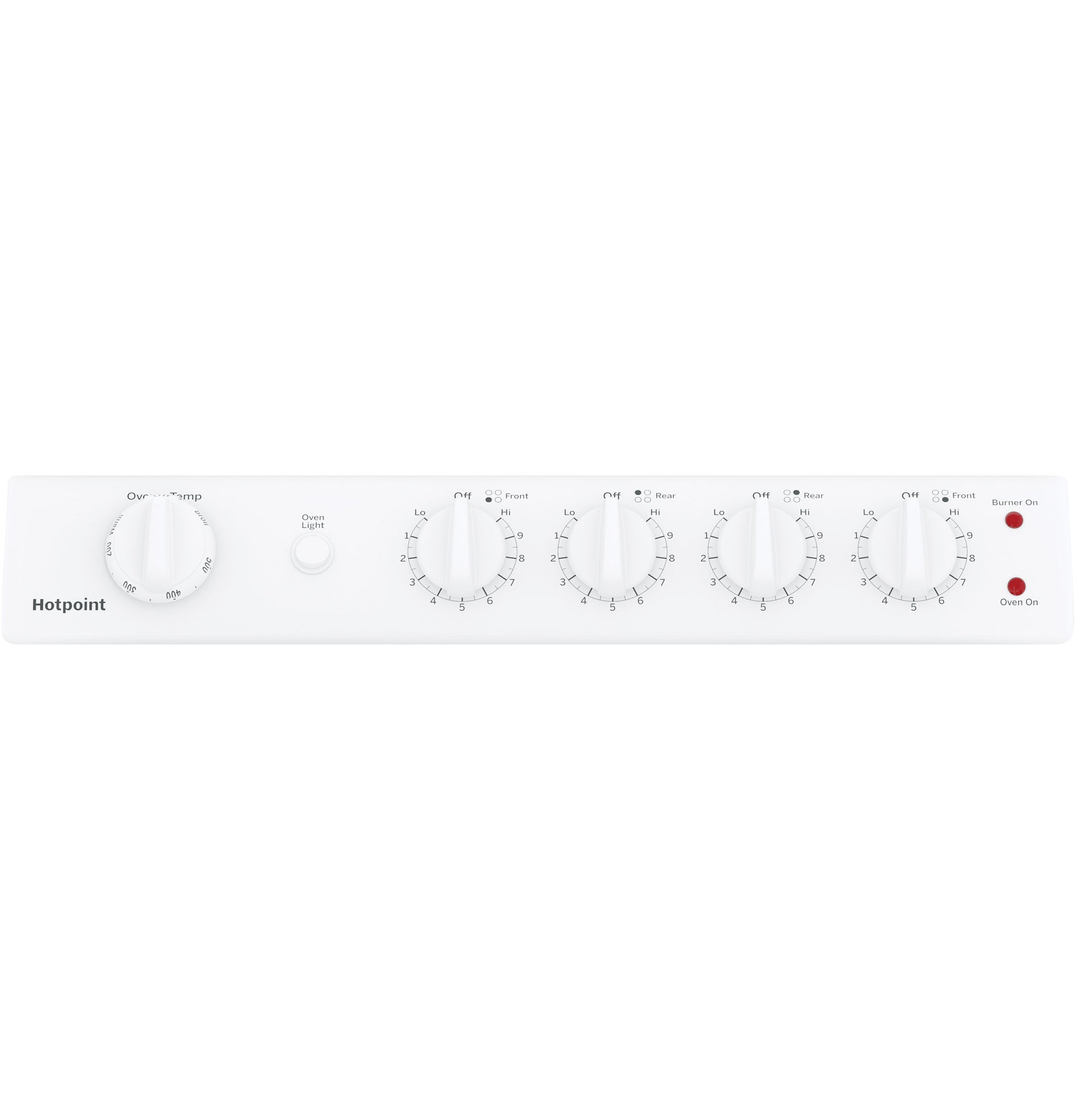 White control panel with six knobs and indicator lights for Hotpoint electric range in kitchen appliances collection