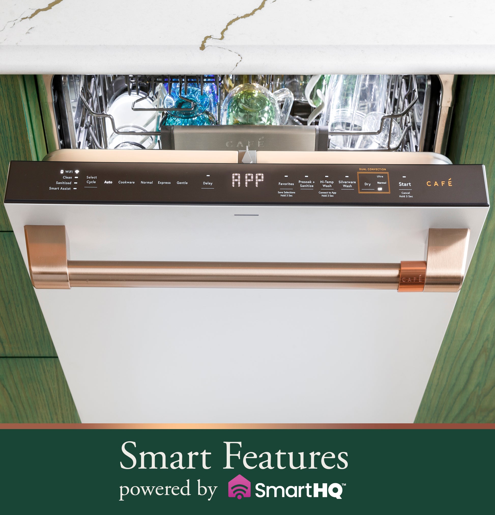 Front view of smart dishwasher with stainless and copper-tone handle, digital display, open door showing loaded racks