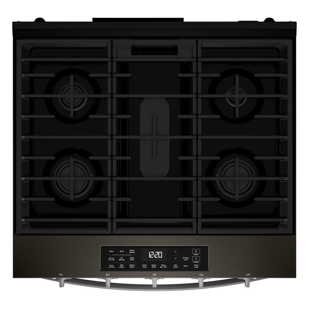 Top view of a black 30-inch gas smart range with four burners and digital control panel in kitchen appliances collection