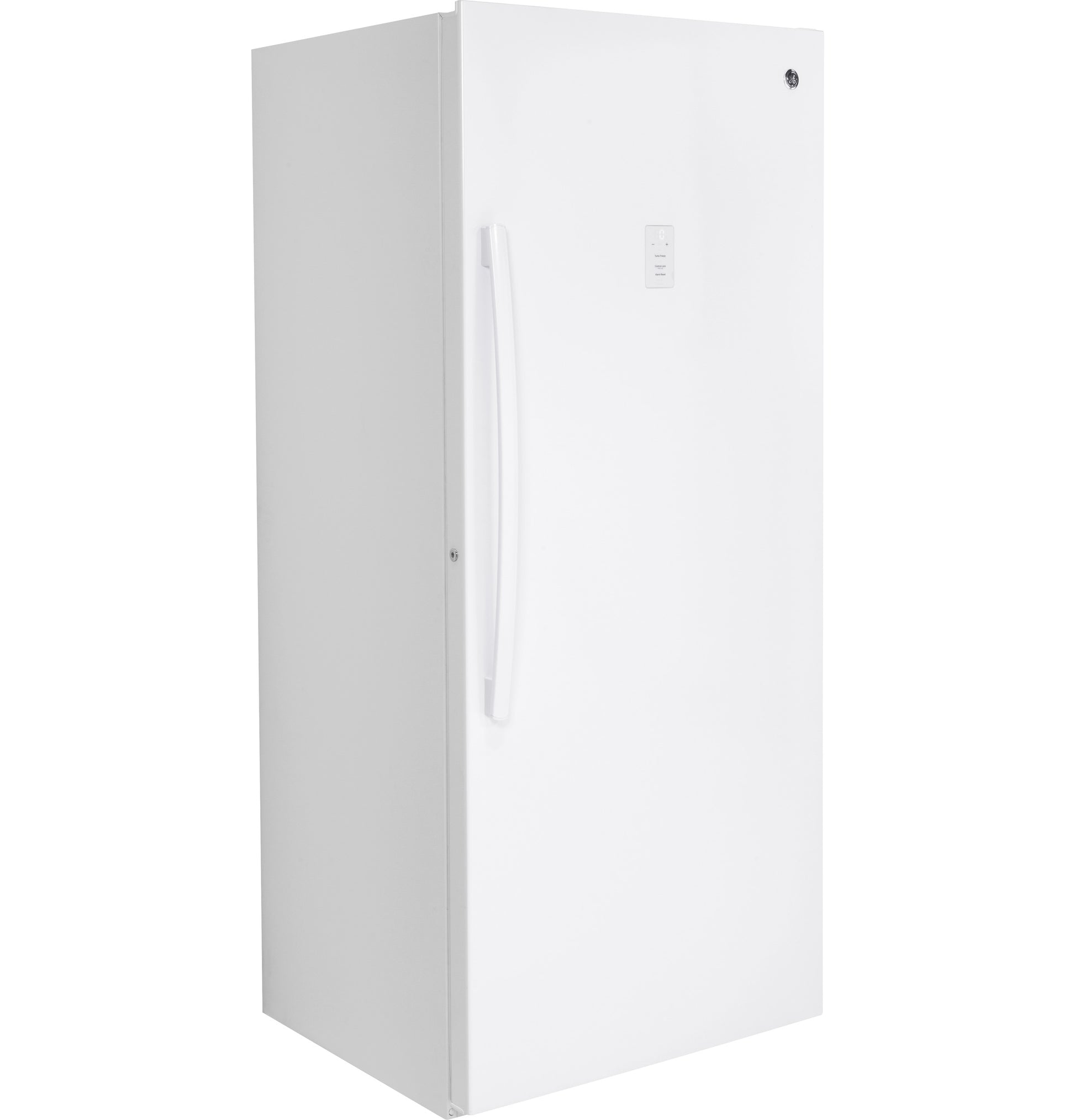 White upright freezer with vertical handle and digital control panel, ideal for garages in freezers and appliances collection