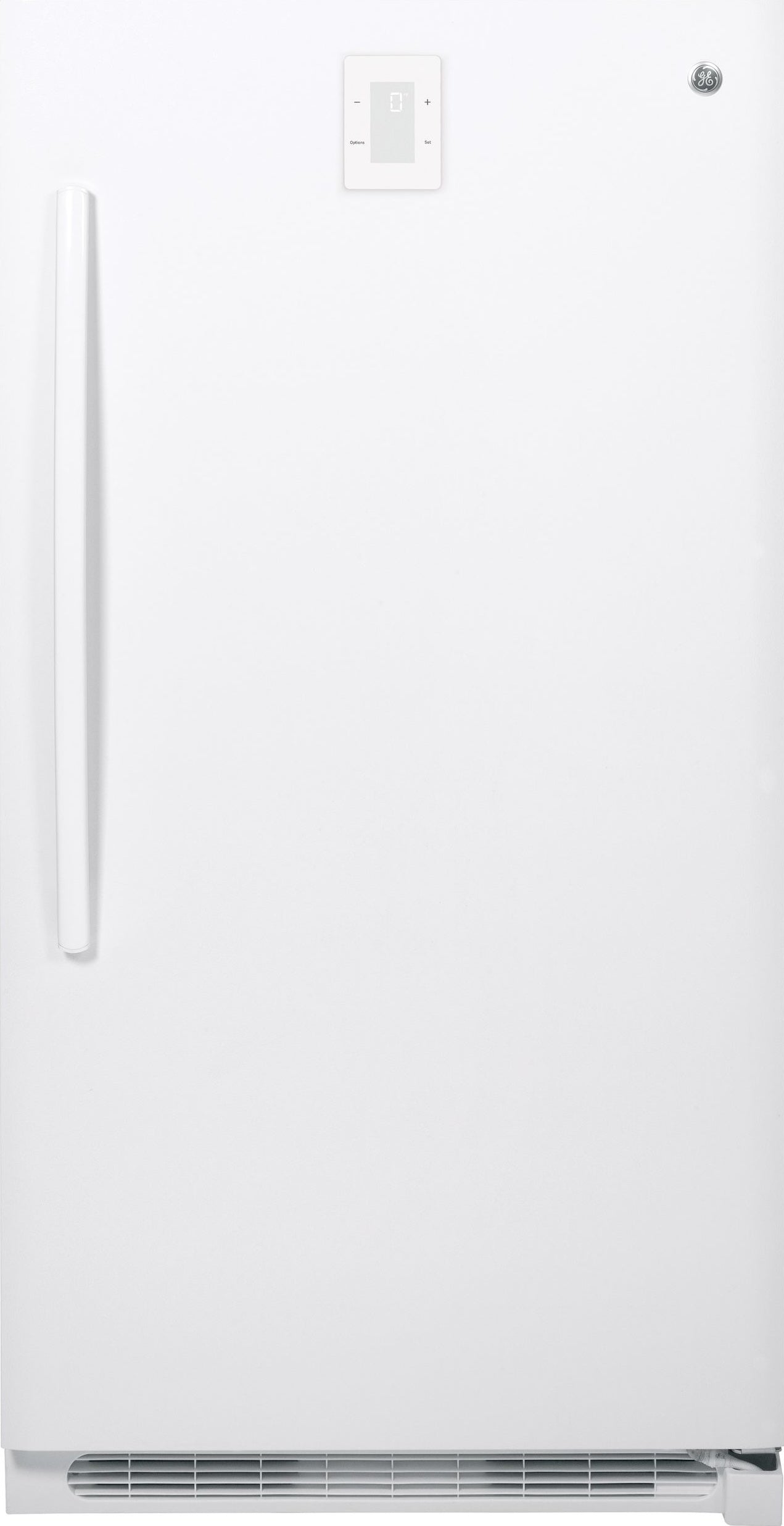 White upright freezer with digital temperature control and vertical handle, part of home appliances and freezers collection