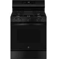 Front view of black free-standing gas convection range with control panel and oven door in Appliances and Ranges collections