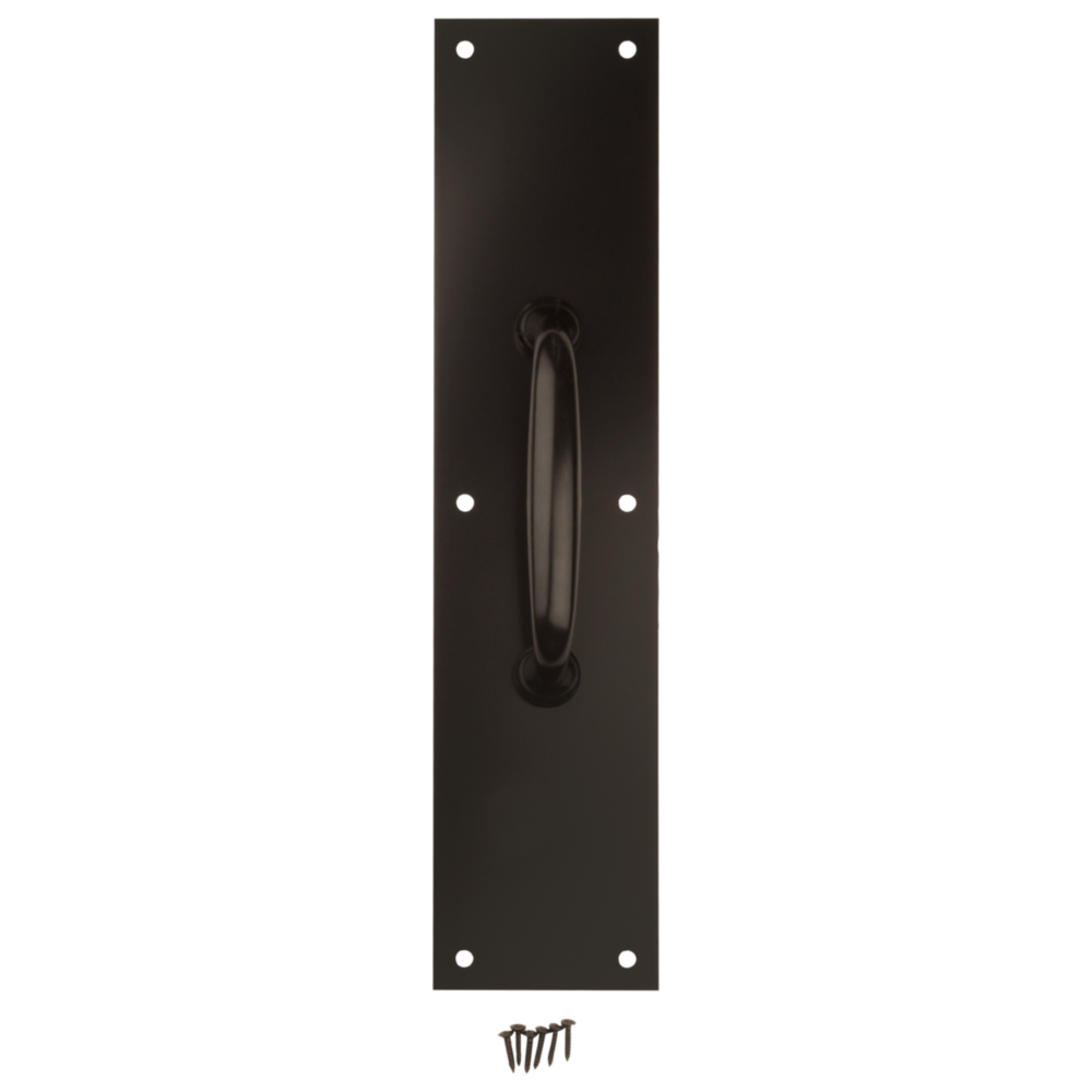 Oil rubbed bronze pull plate with sturdy handle and screws for door and gate hardware in home improvement collections under 50