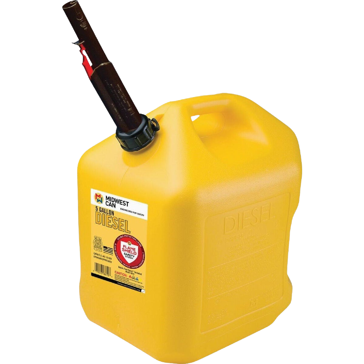 Yellow plastic 5-gallon diesel fuel container with auto shut-off nozzle for safe fuel storage and handling