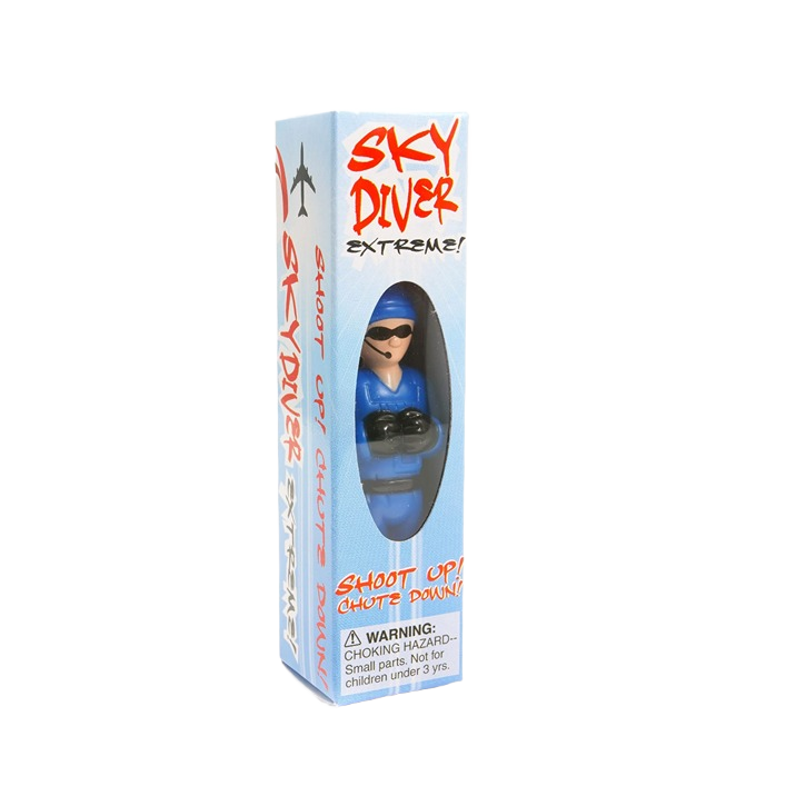 Blue skydiver toy figure in clear plastic display box for outdoor games and toys collections under $50
