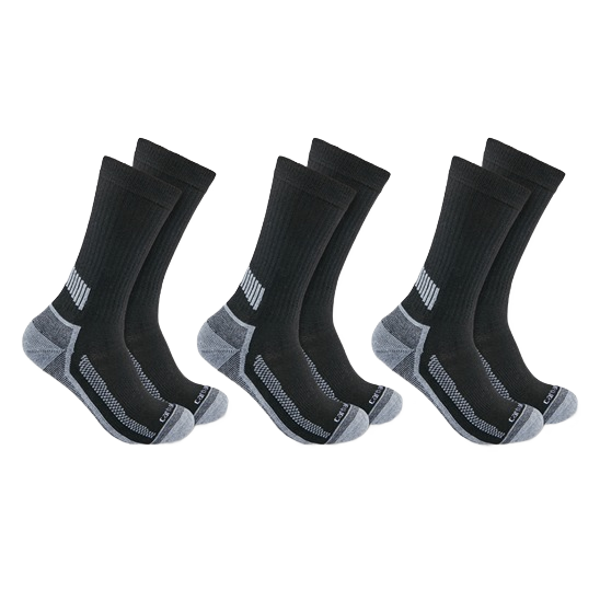 Three pairs of black and gray midweight crew socks for men with moisture-wicking and quick-dry features in men's accessories collection