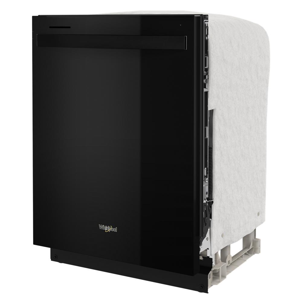Front view of black built-in dishwasher with sleek handle and Whirlpool logo from Kitchen & Kitchenware collection