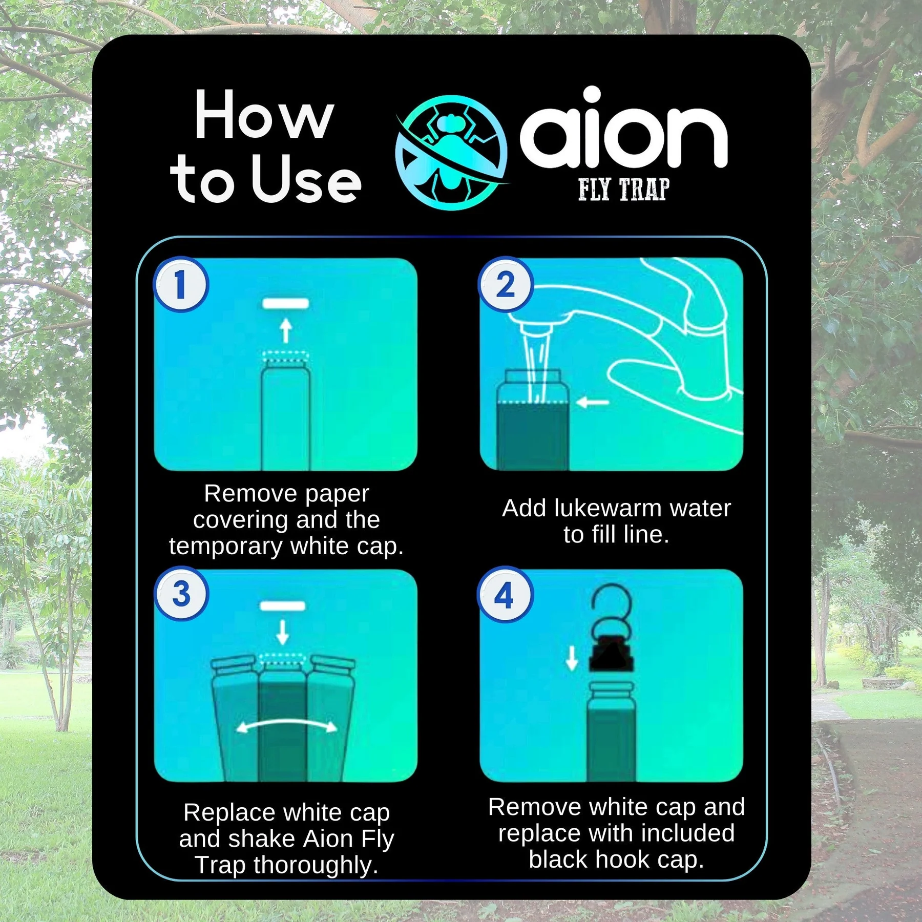 Step-by-step illustrated instructions for filling and preparing a blue Aion Fly Trap for outdoor insect control use.