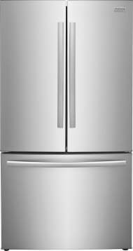 Stainless steel French door refrigerator with bottom freezer drawer for kitchen and appliance collections