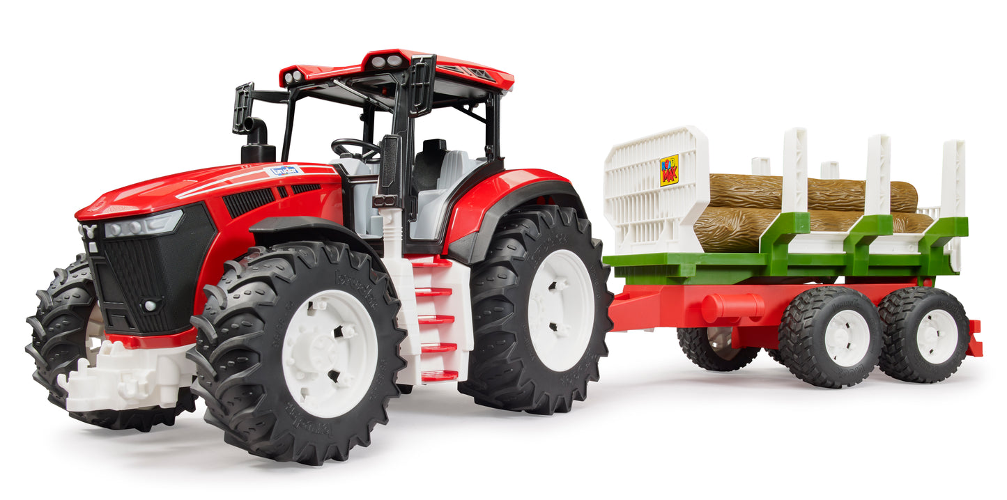 Red and black Bruder toy tractor with green and white trailer carrying three wooden logs for outdoor play
