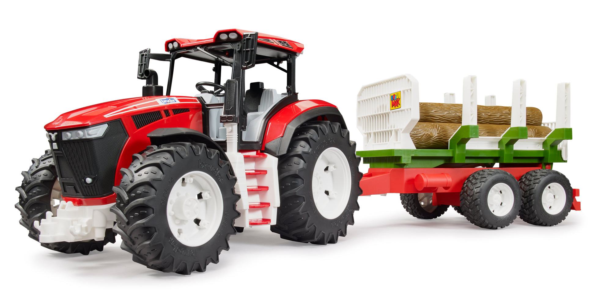 Red and black Bruder toy tractor with green and white trailer carrying three wooden logs for outdoor play