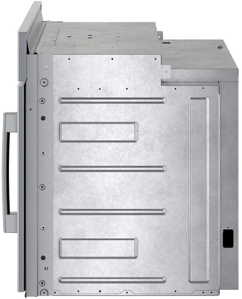 Stainless steel Bosch single wall oven showing side panel with left side-opening door in Wall Ovens at Hartville Hardware