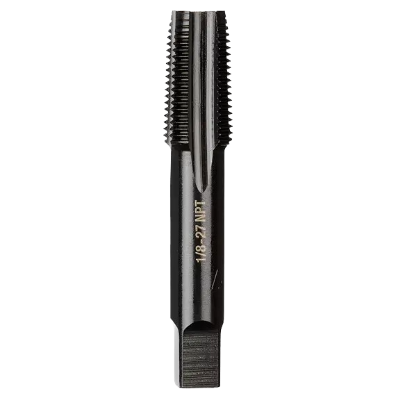 Black metal taper tap with straight flutes for threading, part of Milwaukee tool accessories and drill bits collections