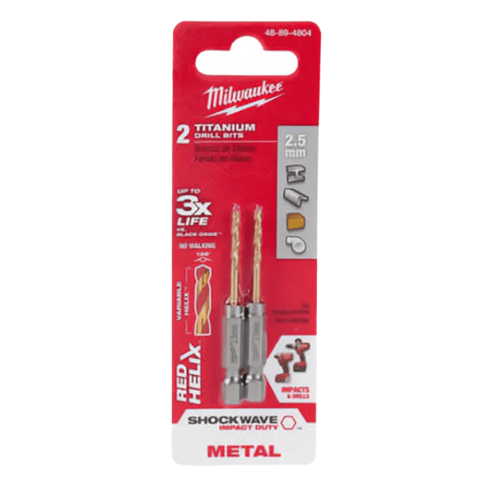 Pair of 2.5mm titanium drill bits with RED HELIX design for metal drilling in tool accessories under $50 collections