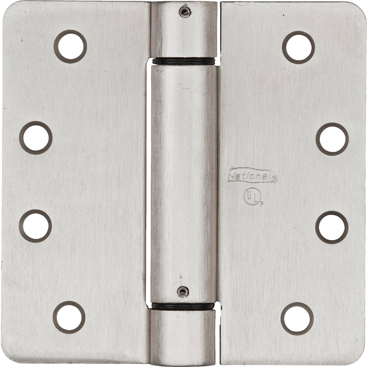 Satin nickel spring door hinge with 5/8-inch radius corners for home improvement and tool applications