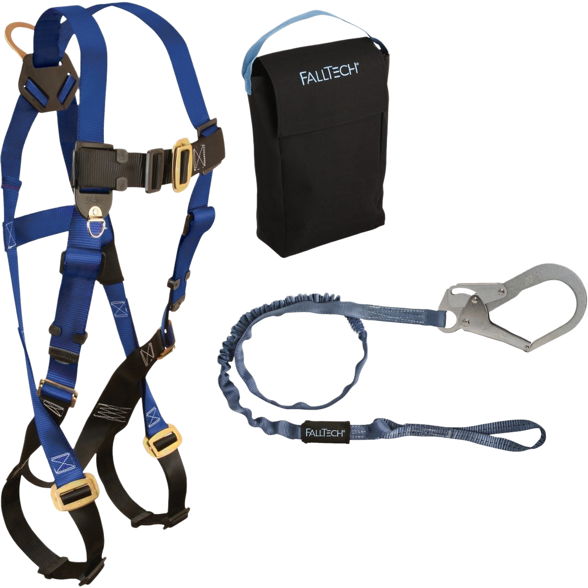 Blue fabric safety harness with shock-absorbing lanyard and black carrying case for fall protection and safety equipment collections