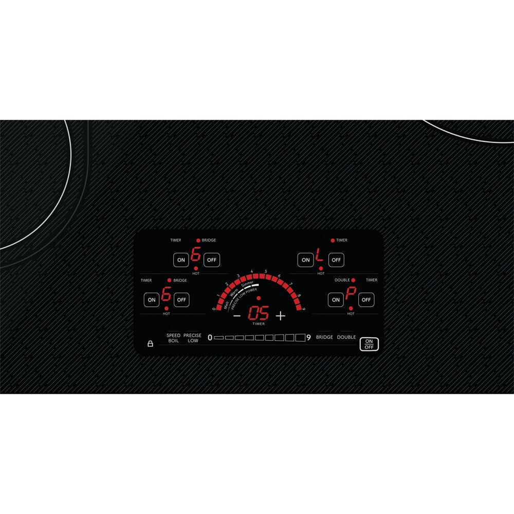 Control panel close-up of black electric cooktop with digital timer and touch controls from Hartville Hardware appliances collection