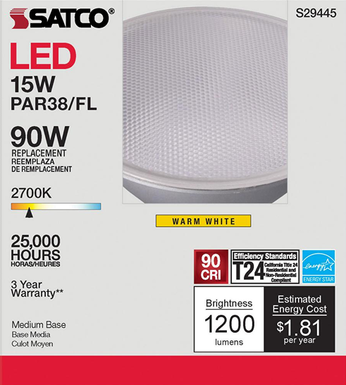 Packaging of Satco LED light bulb with 15 watt power, warm white color, medium base for lighting & electrical use