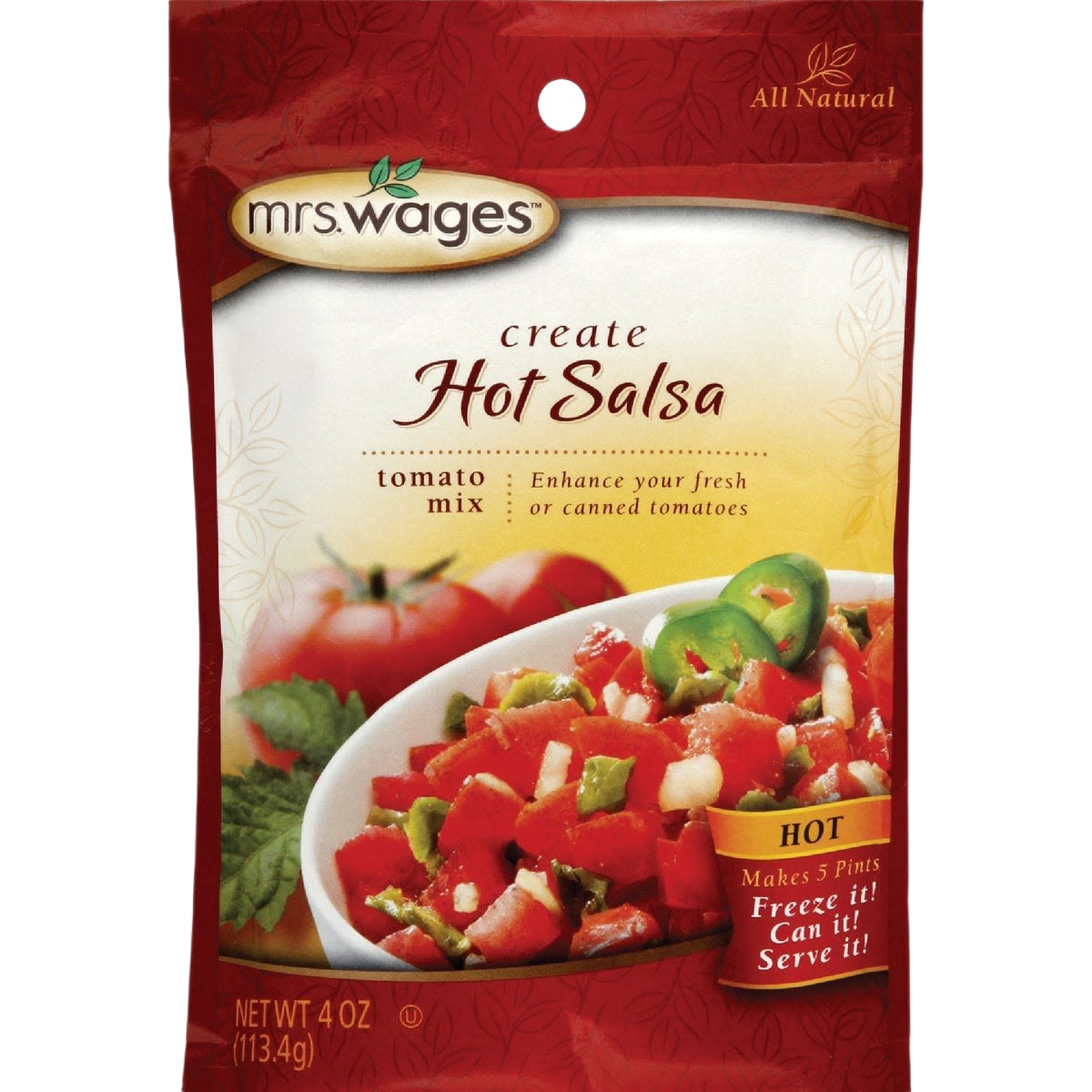 Red and green hot salsa tomato mix packet featuring fresh tomato and jalapeño slices in a bowl