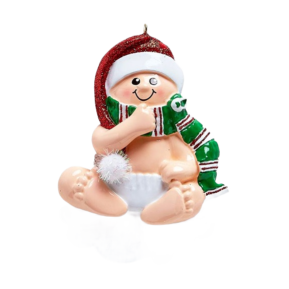Baby ornament with red glitter Santa hat and green striped scarf for Christmas tree decorations under $50 collection