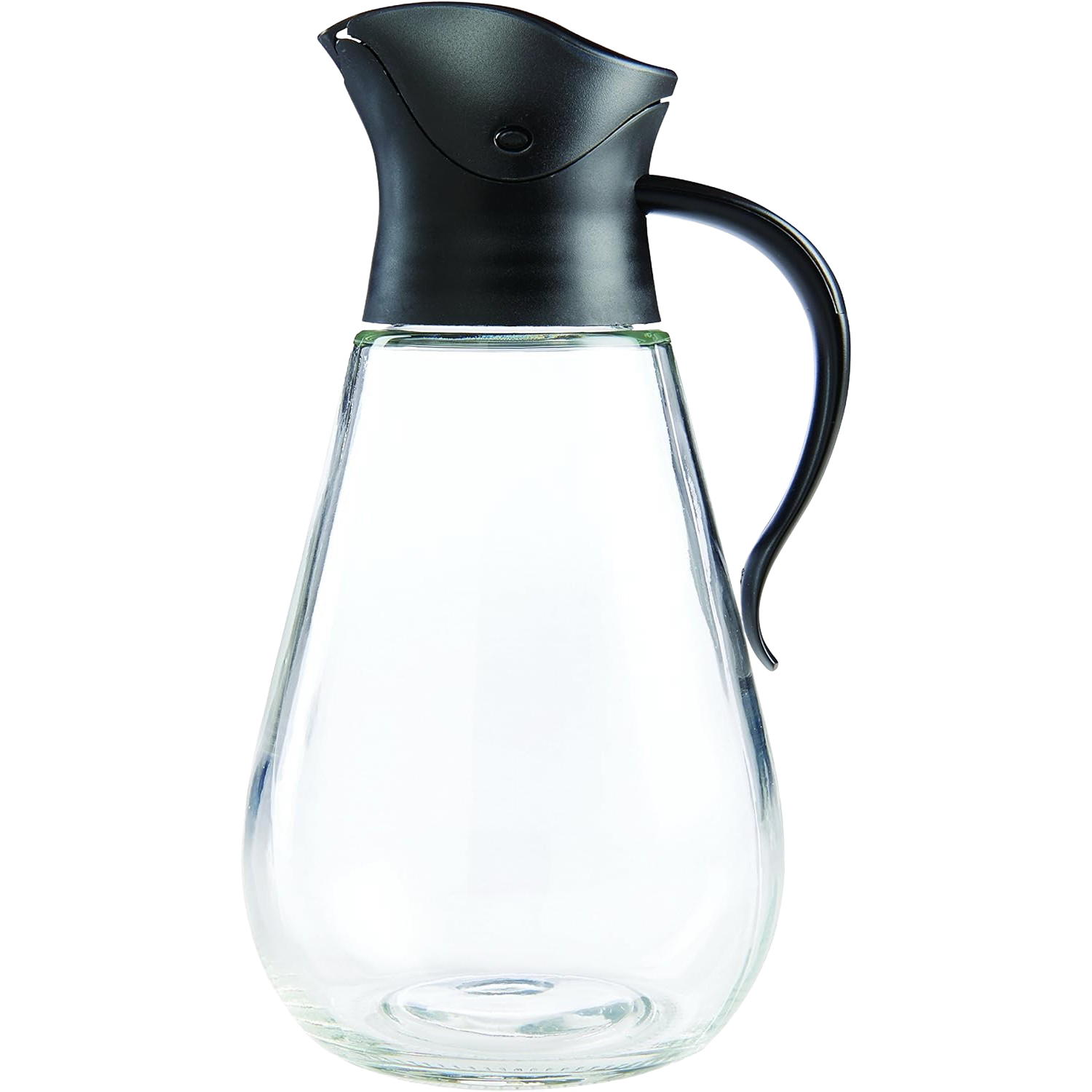 Clear glass syrup dispenser with black lid and handle for kitchen storage and food organization collections