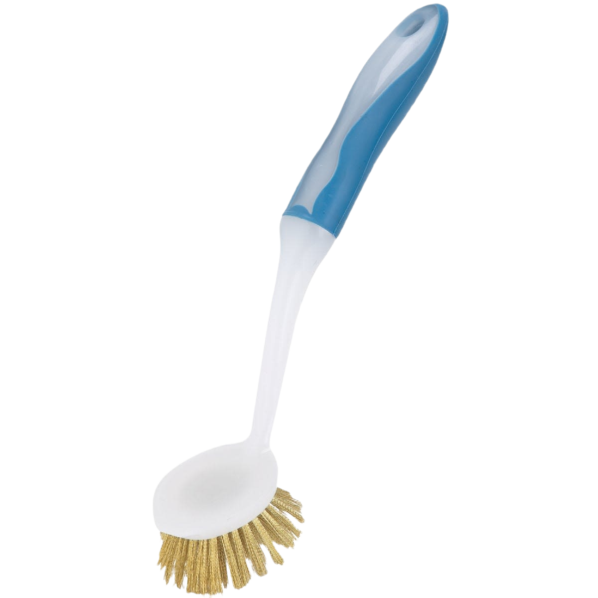 Stove brush with blue and white handle and brass bristles for cleaning grills and home improvement tasks