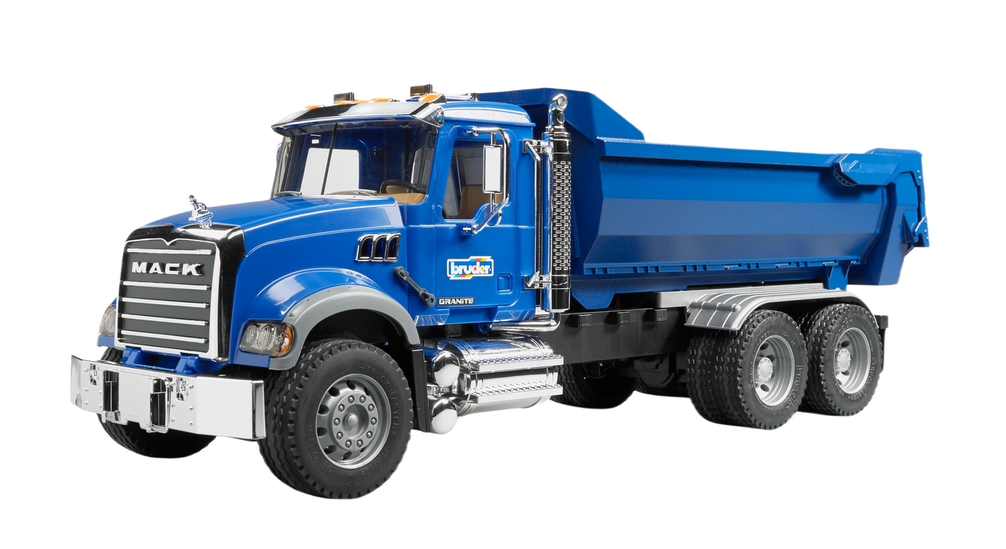 Blue Bruder 1:16 scale MACK Granite halfpipe dump truck toy with detailed cab and functional tipping bed for vehicle collections