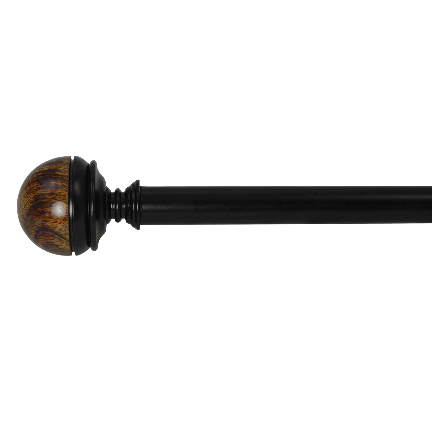 Black telescopic curtain rod with decorative wooden finial for window treatments and home decor use