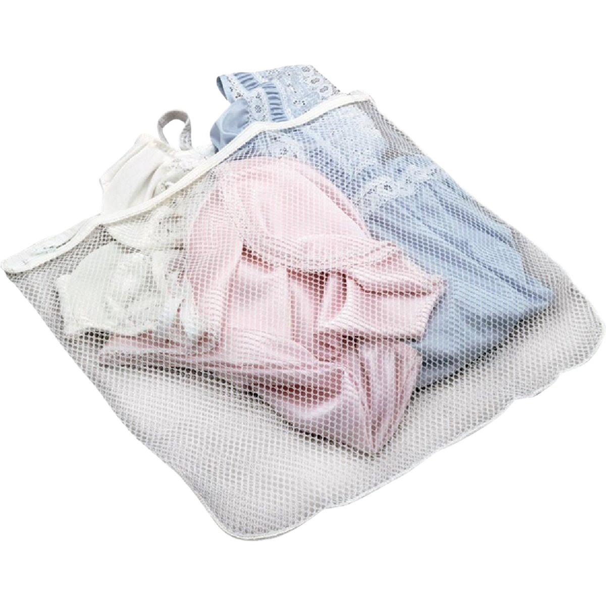 White mesh laundry bag with zipper protecting delicate clothing items in storage and organization under $50 category